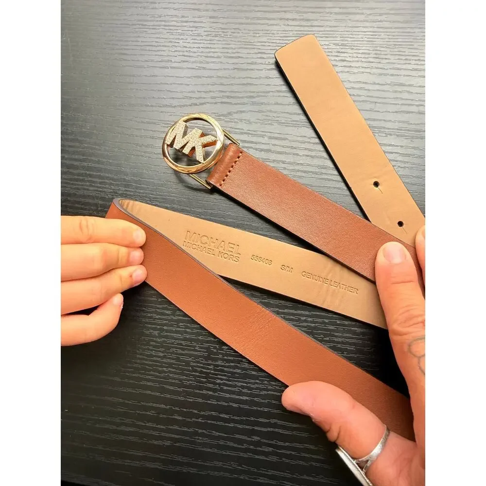 Authentic Michael Kors Brown Leather Belt Gold Crystal MK Buckle S/M READ BELOW